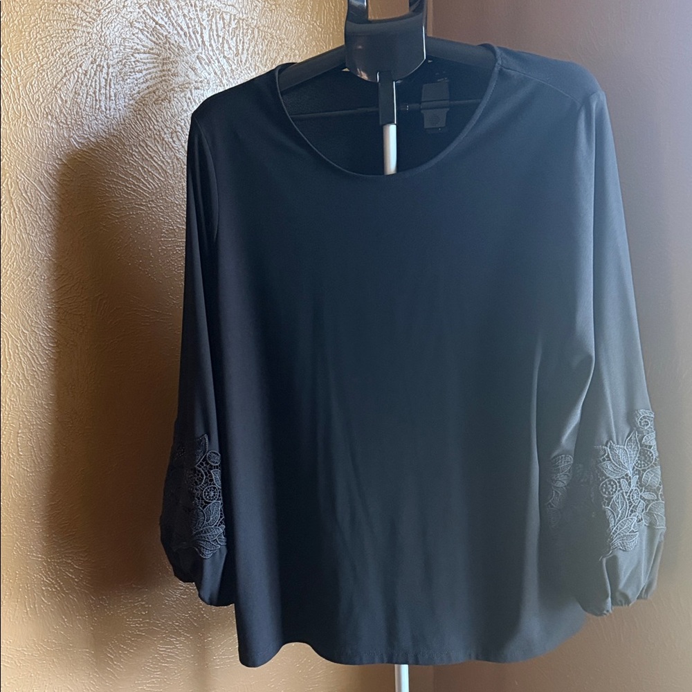 Dennis Basso Black Blouse with Embroidered Sleeves